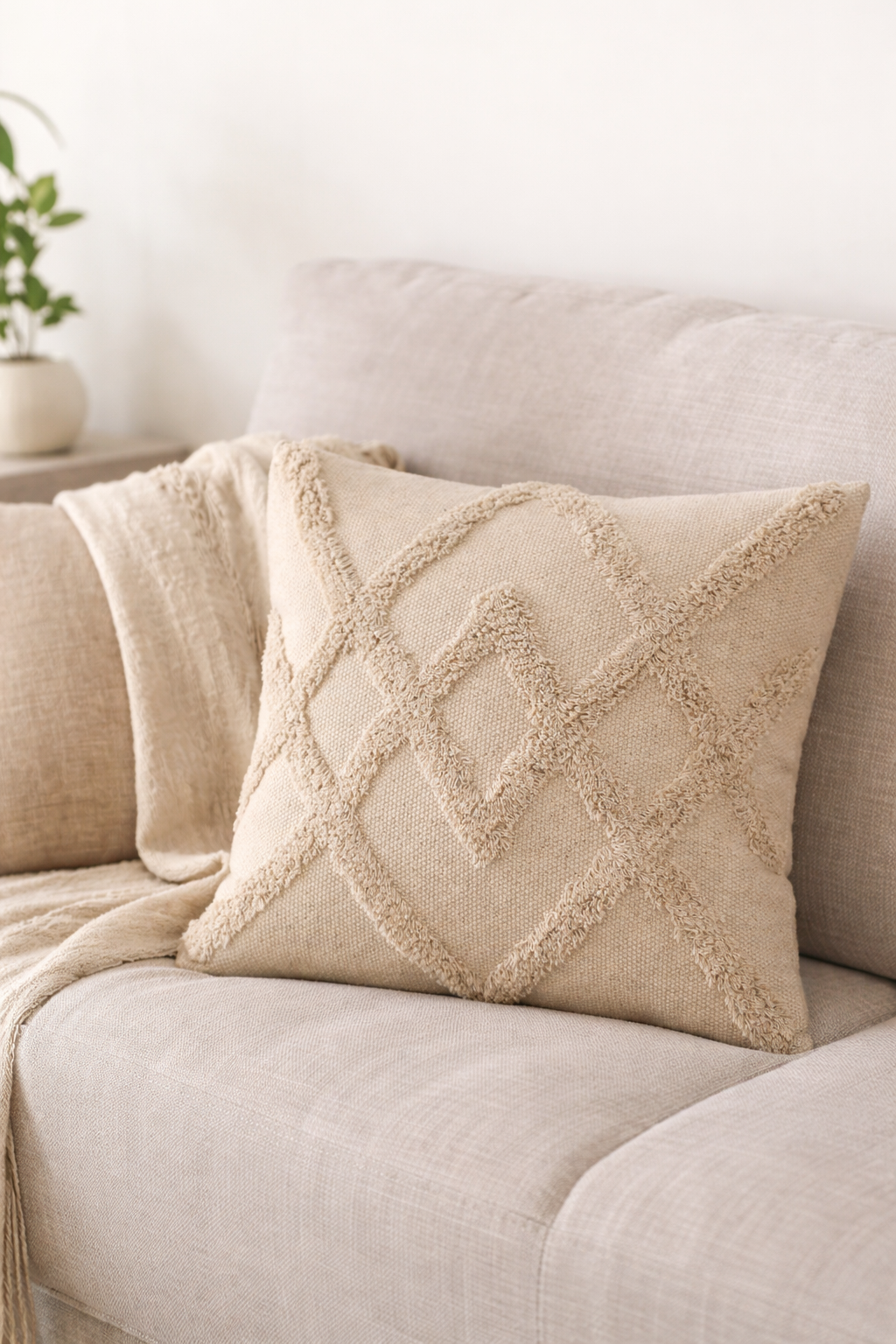 Boho Textured Geometric Cushion Cover – Natural Beige (45x45cm)