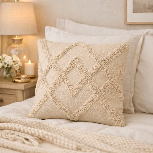 Boho Textured Geometric Cushion Cover – Natural Beige (45x45cm)